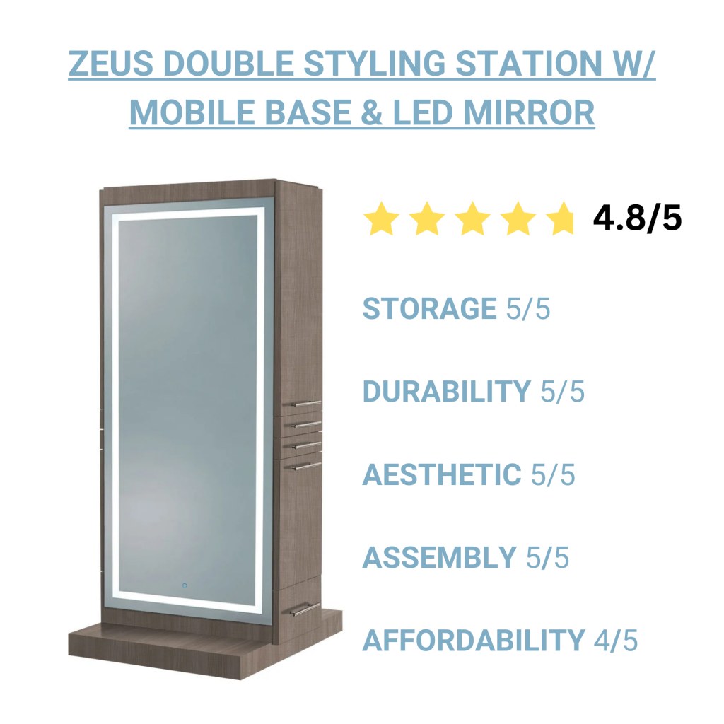 Zeus Double-Sided Styling Station with mobile base and LED mirror, rated 4.8 out of 5 stars.