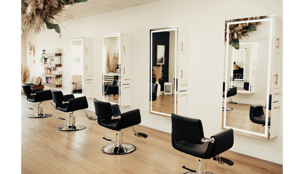 Echo Styling Chairs Paired with Pibbs 9110 Salon Mirror & Storage Server