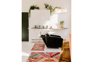 Shampoo station with potted plants and decorative rugs for a pop of color