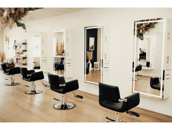Echo Styling Chairs Paired with Pibbs 9110 Salon Mirror & Storage Server