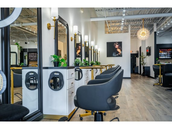 A row of Buy-Rite Beauty's Cleo Styling Chairs at Misano Salon in Arlington Heights, IL