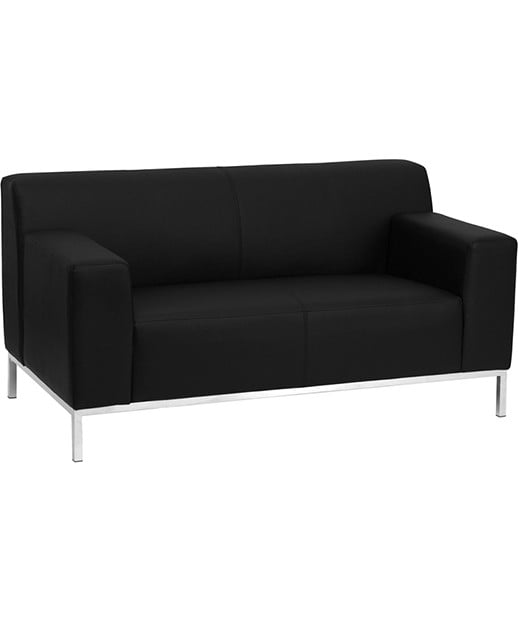Contemporary Black Leather Love Seat with Stainless Steel Frame