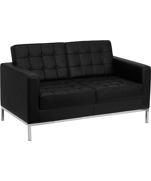 Lacey Black Leather Love Seat with Stainless Steel Frame