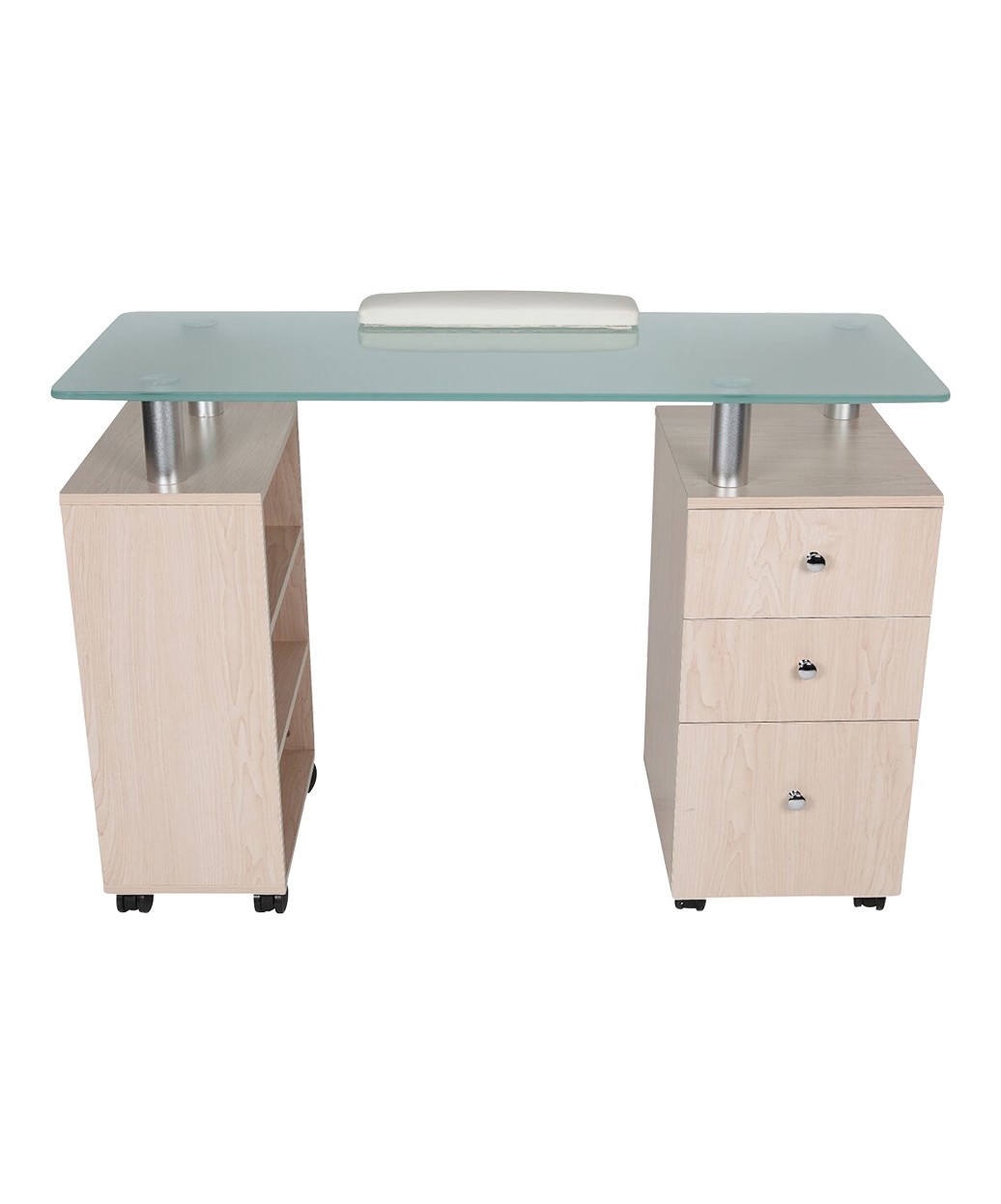 J&A Glass Top Mobile Nail Manicure Table in White, Maple or Walnut