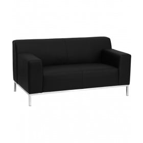 Contemporary Black Leather Love Seat with Stainless Steel Frame