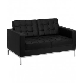 Lacey Black Leather Love Seat with Stainless Steel Frame