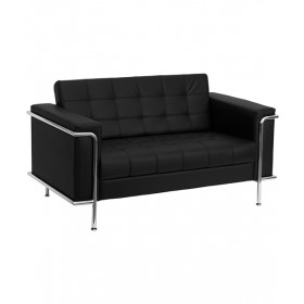 Contemporary Black Leather Love Seat with Stainless Steel Frame