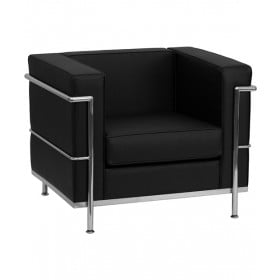 Contemporary Black Leather Chair with Metal Encasing Frame