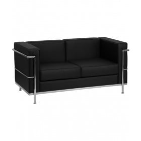 Contemporary Black Leather Love Seat with Metal Encasing Frame