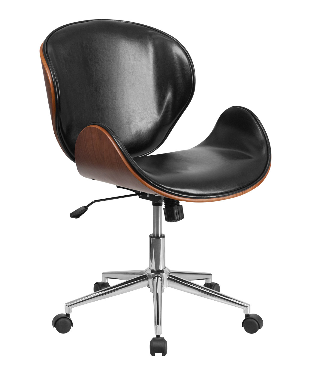 Mid-Back Walnut Salon Task Chair With Curved Wood Seat and Back