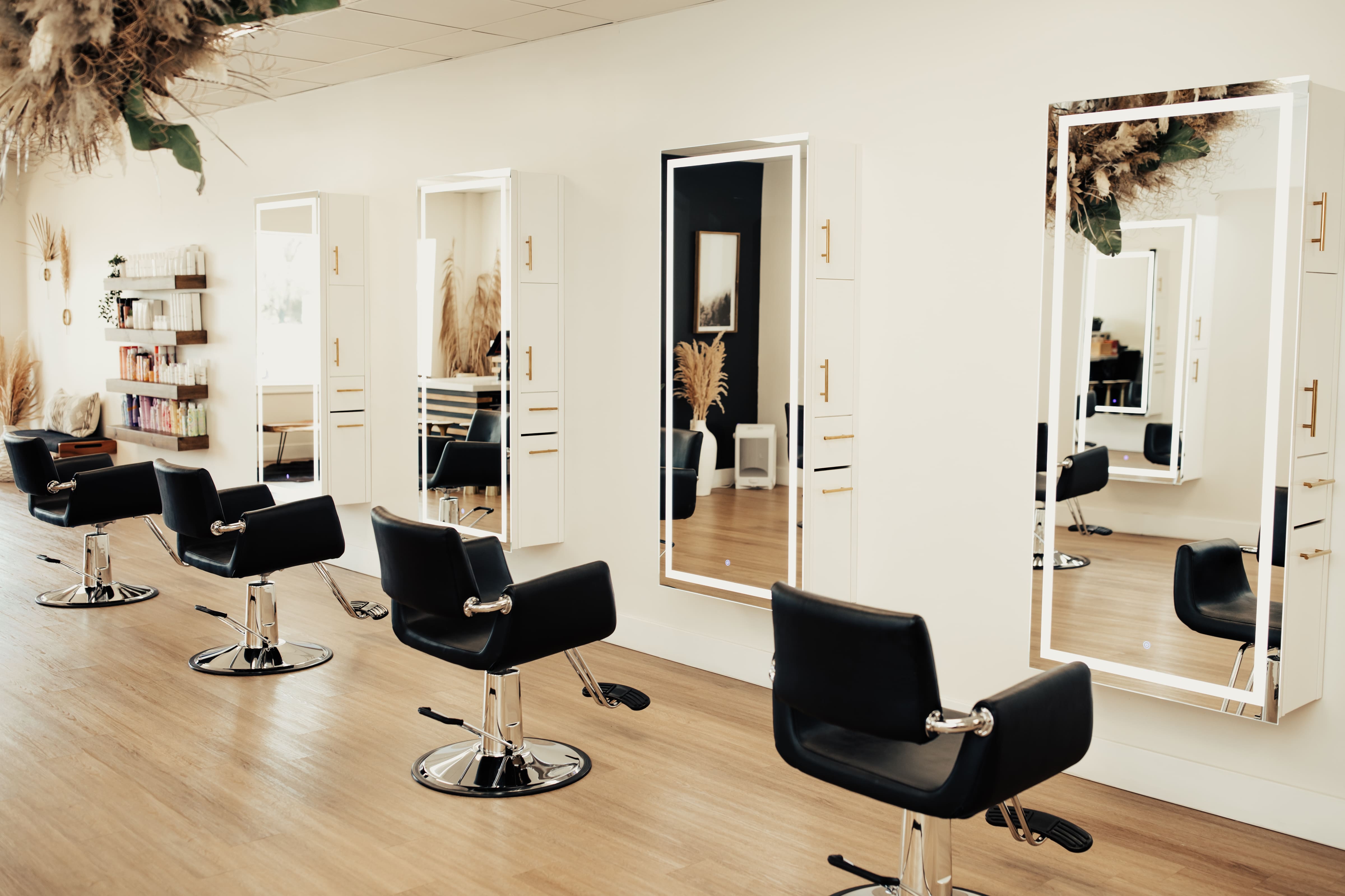 Echo Styling Chairs Paired with Pibbs 9110 Salon Mirror & Storage Server